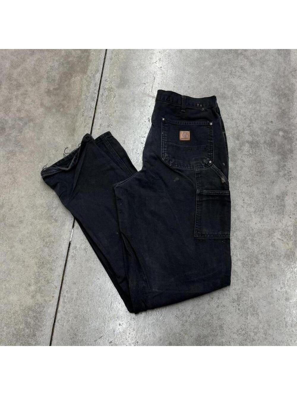 vintage carhartt faded black relaxed baggy fit double knee dungaree cargo pants